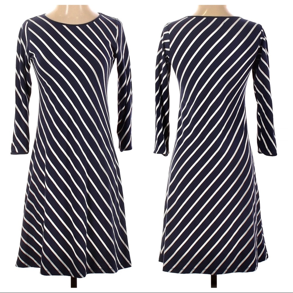 Duffield Lane Diagonal Stripe Long Sleeve A-Line Shift Dress Navy Blue White XS - Picture 10 of 10